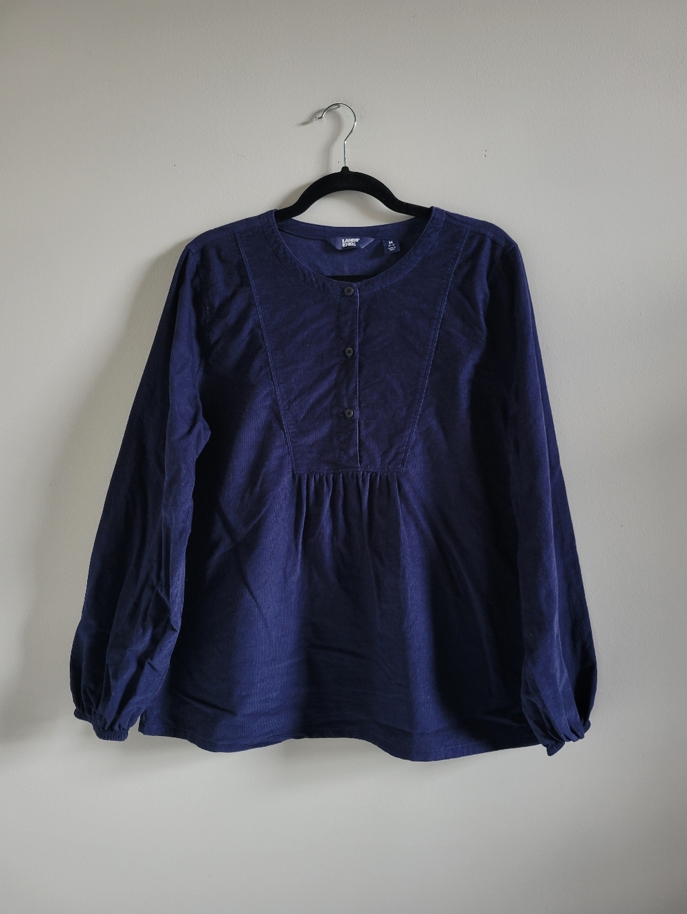 Lands' End Pinwale Cord Bib Front Popover Cotton Navy Blouse Womens Size Medium